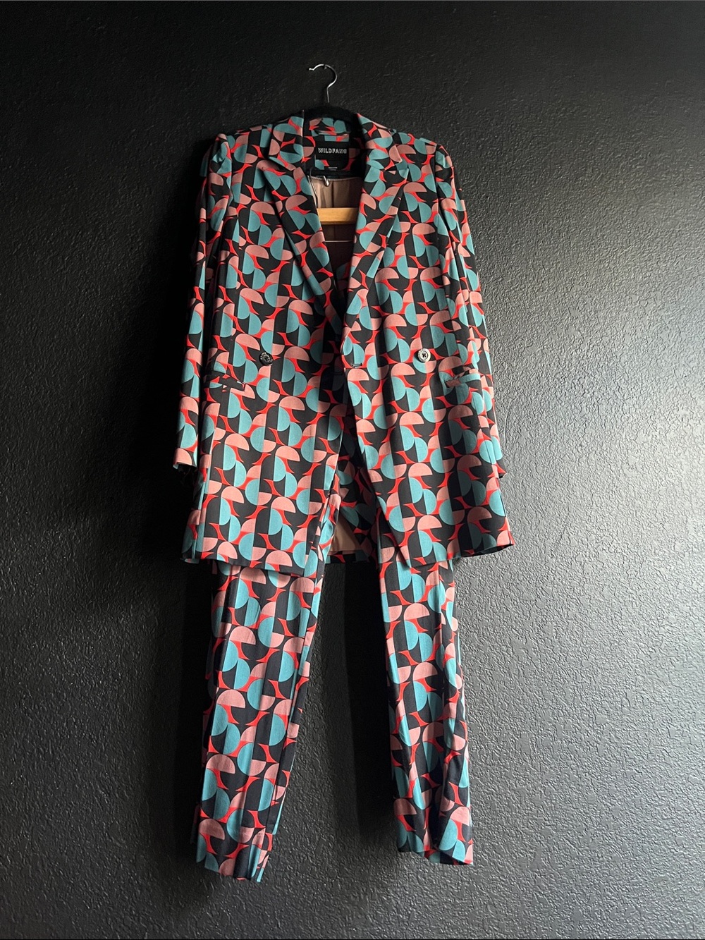 Wildfang Teal & Coral Geometric Blazer and Pantsuit